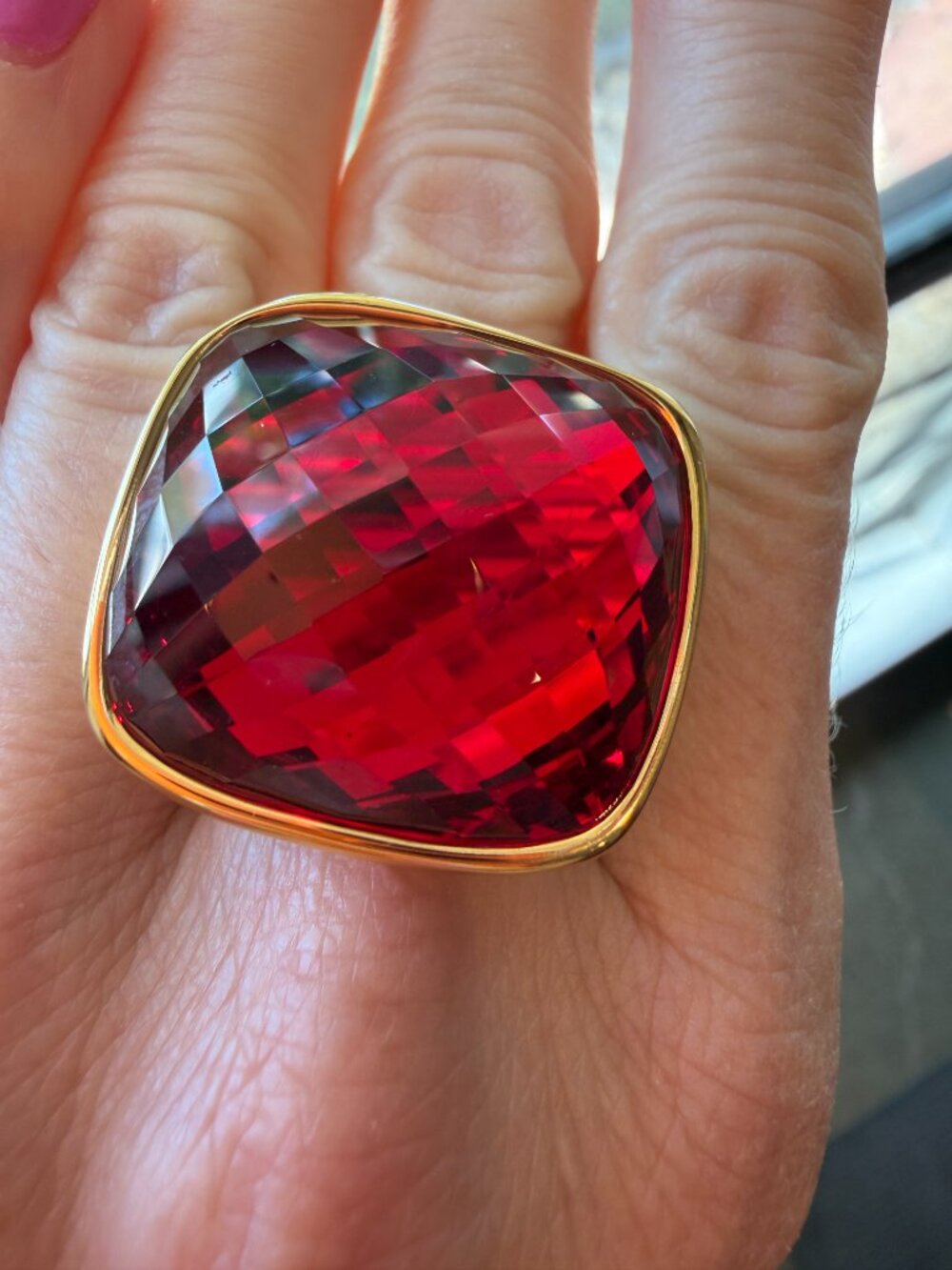 NEW Massive RED Glass/Crystal Checkerboard Cut Cocktail Statement Ring - 7.25